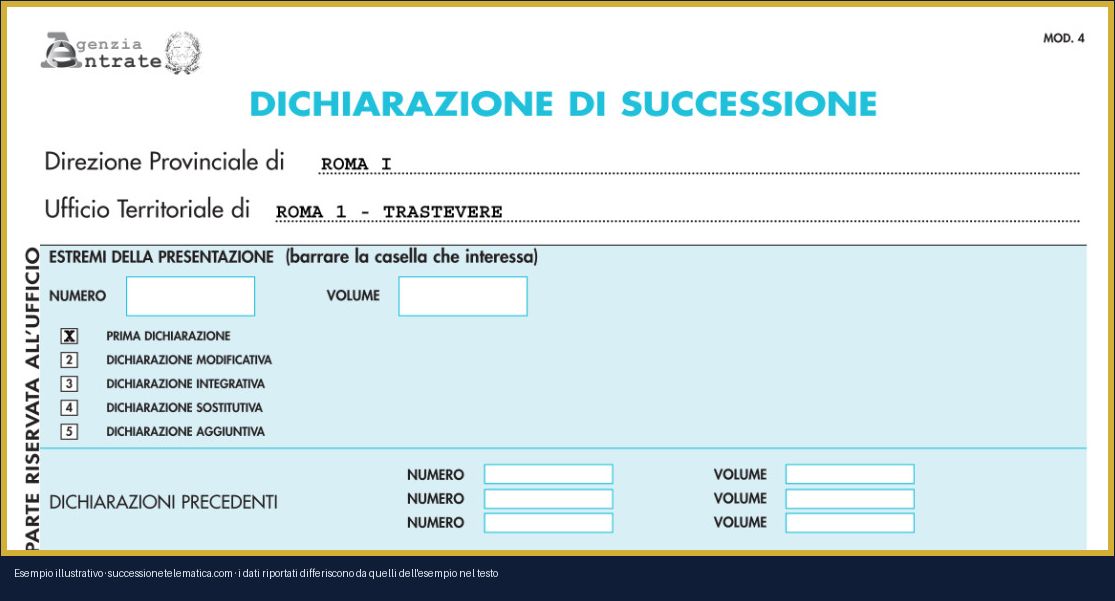 Frontespizio del Modello 4, parte alta: ufficio, tipo di dichiarazione, estremi della precedente — esempio illustrativo: i dati nell'immagine differiscono da quelli dell'esempio nel testo